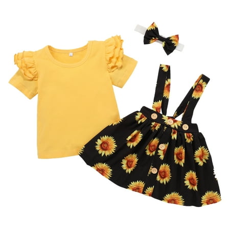 

DNDKILG Infant Baby Toddler Children Girl Clothing Set Summer Outfits Ruffle Short Sleeve T Shirts and Floral Suspender Skirt Set with Headband Yellow 3M-2Y