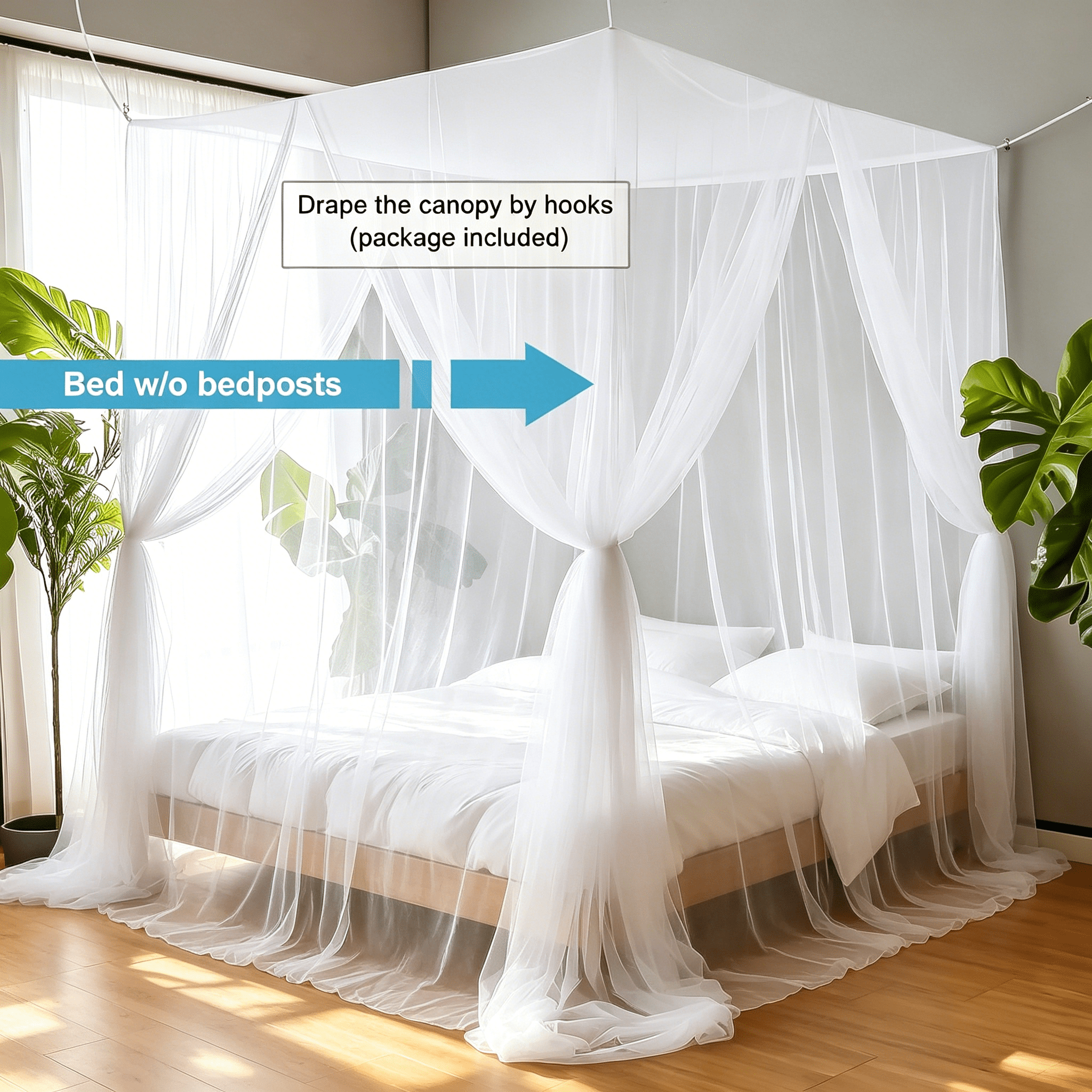 AUQ 2026 New Mesh Mosquito Net,Full Queen King Size Bed Canopy,Four Opening Bed Curtains Canopy Bed Curtains for Bedroom,Dorm,Guest Room,Bed White