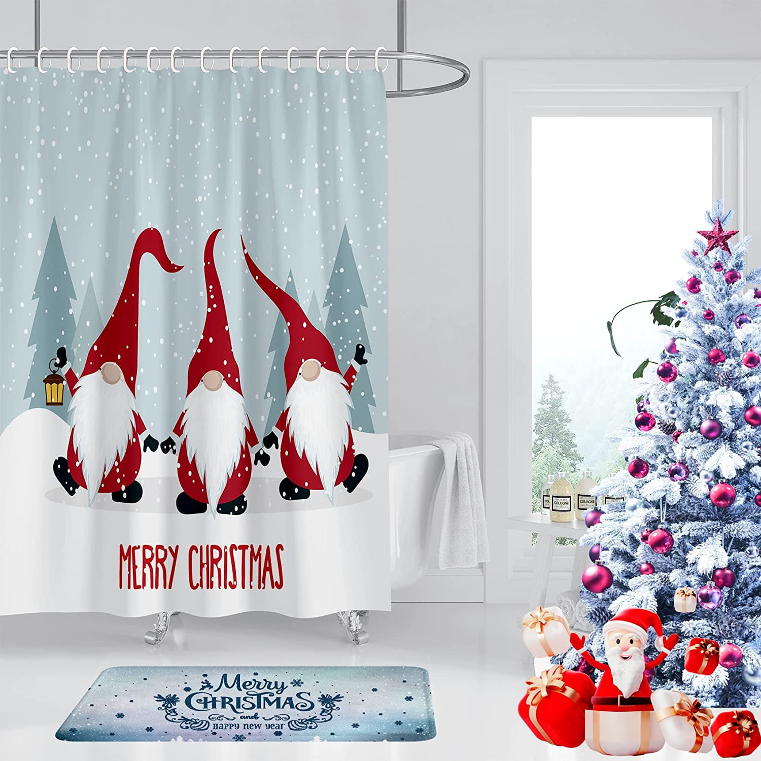 JOOCAR Christmas Shower Curtain, Red Christmas Gnome Snow Merry ...