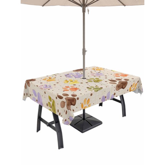 52x70 Inch Outdoor Tablecloth with Umbrella Hole Zipper Rectangle Colorful Dog Paws Rectangular Tablecloths Outside Waterproof Farmhouse Art Cartoon Rustic Patio Table Cloth Cover for Picnic Party