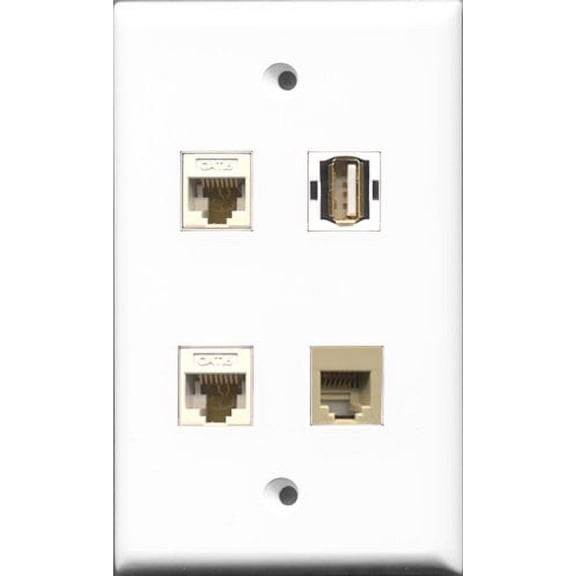 RiteAV 1 Port USB A-A and 1 Port Phone RJ11 RJ12 Beige 2 Port Cat6 Ethernet White Wall Plate