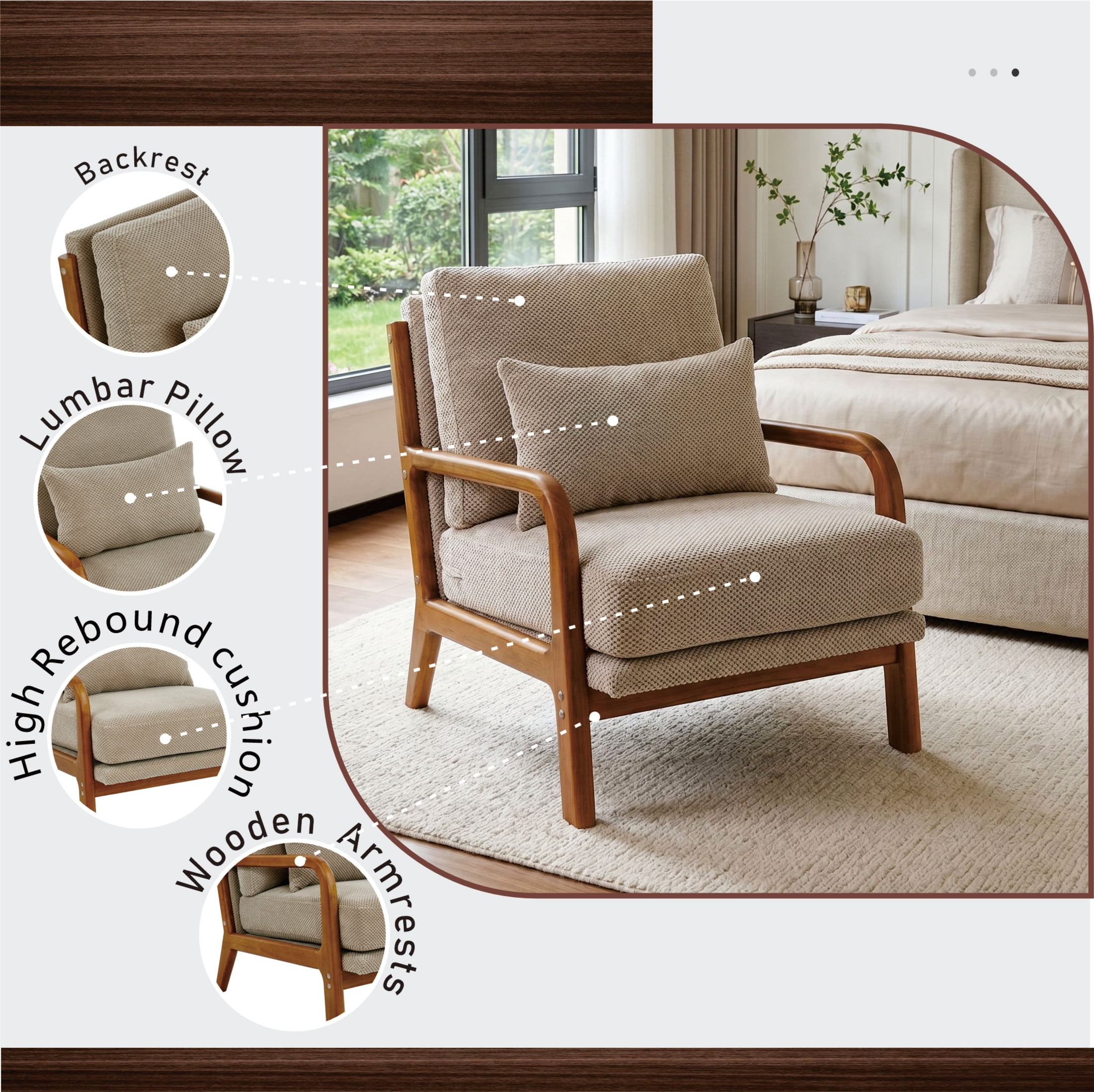 Noble House Mid-Century Modern Lounge Chair, Upholstered Accent Armchair with Solid Wood Frame, Camel