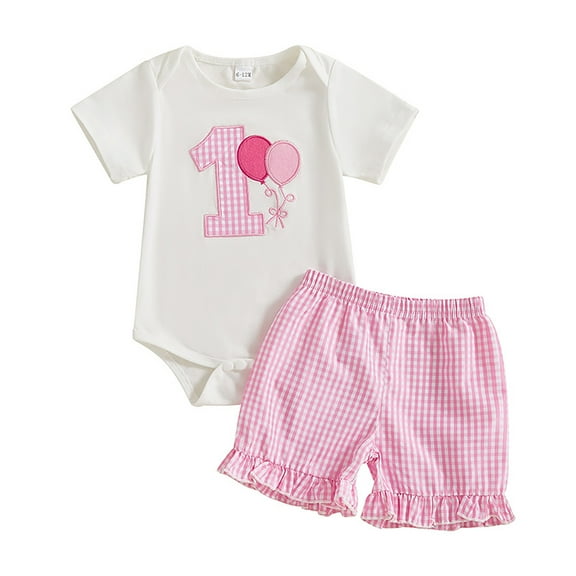 Afdoent Girl Outfits Baby Girl Birthday Outfit One Years Old Shirt Balloon Checkered Shorts 1St First Birthday Outfit Girl Fashion Clothes Outfits 6-12 Months