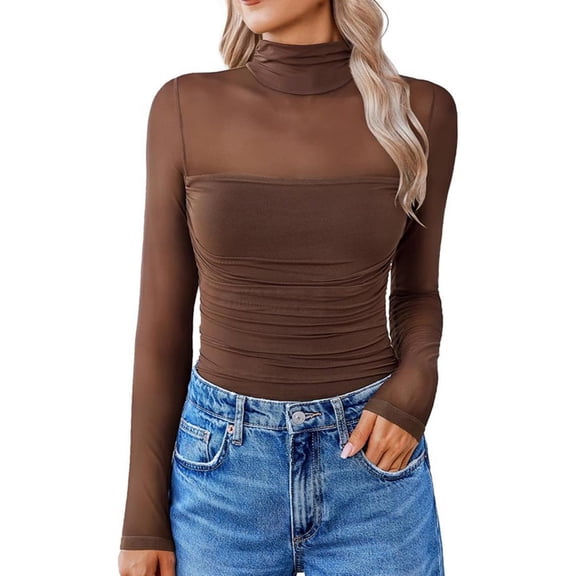 TEAJOPSUU Womens Lace Mesh Sheer Tops Long Sleeve High Neck Shirts Slim Fitted Breathable Going Out Blouses Brown