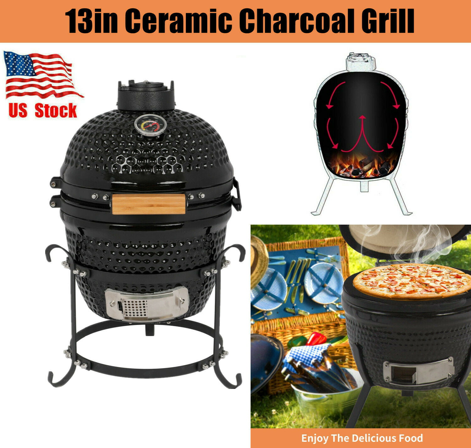 13 Inch Kamado Ceramic Charcoal Egg Grill, Multifunctional Outdoor Smoker Grill for BBQ, Camping and Picnic - Walmart.com