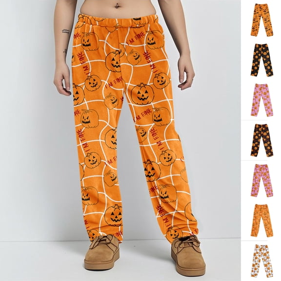 Trgacdwlo Halloween Fleece Pajama Pants for Women Funny Pumpkin Flannel Pj Bottoms Women Fall Winter Thermal Womens Lounge Pants