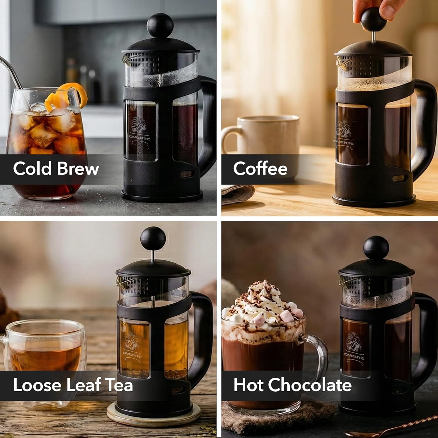 OVENTE French Press Coffee Maker 12 Ounce with Heat Resistant Borosilicate Glass & Stainless Steel 4-Level Filtration System, Portable Cold Brew Coffee Maker for Travel, Camping or Gift, Black FPT12B