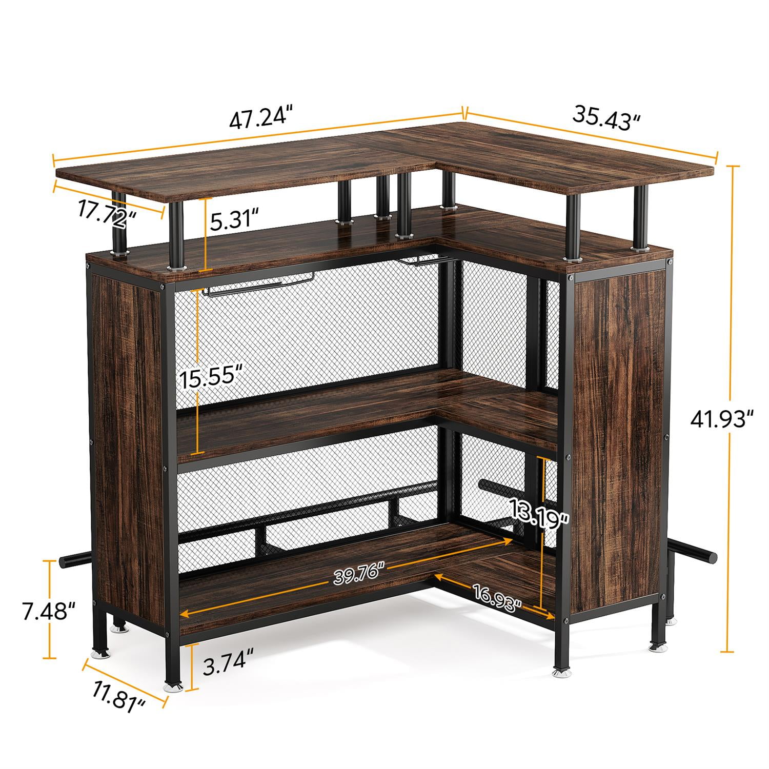 Demi Bonn 47" L-Shaped Home Bar Unit, Liquor Bar Table Cabinets with Glasses Holders & Shelves, Pub Tables for Kitchen, Dining Room, Brown