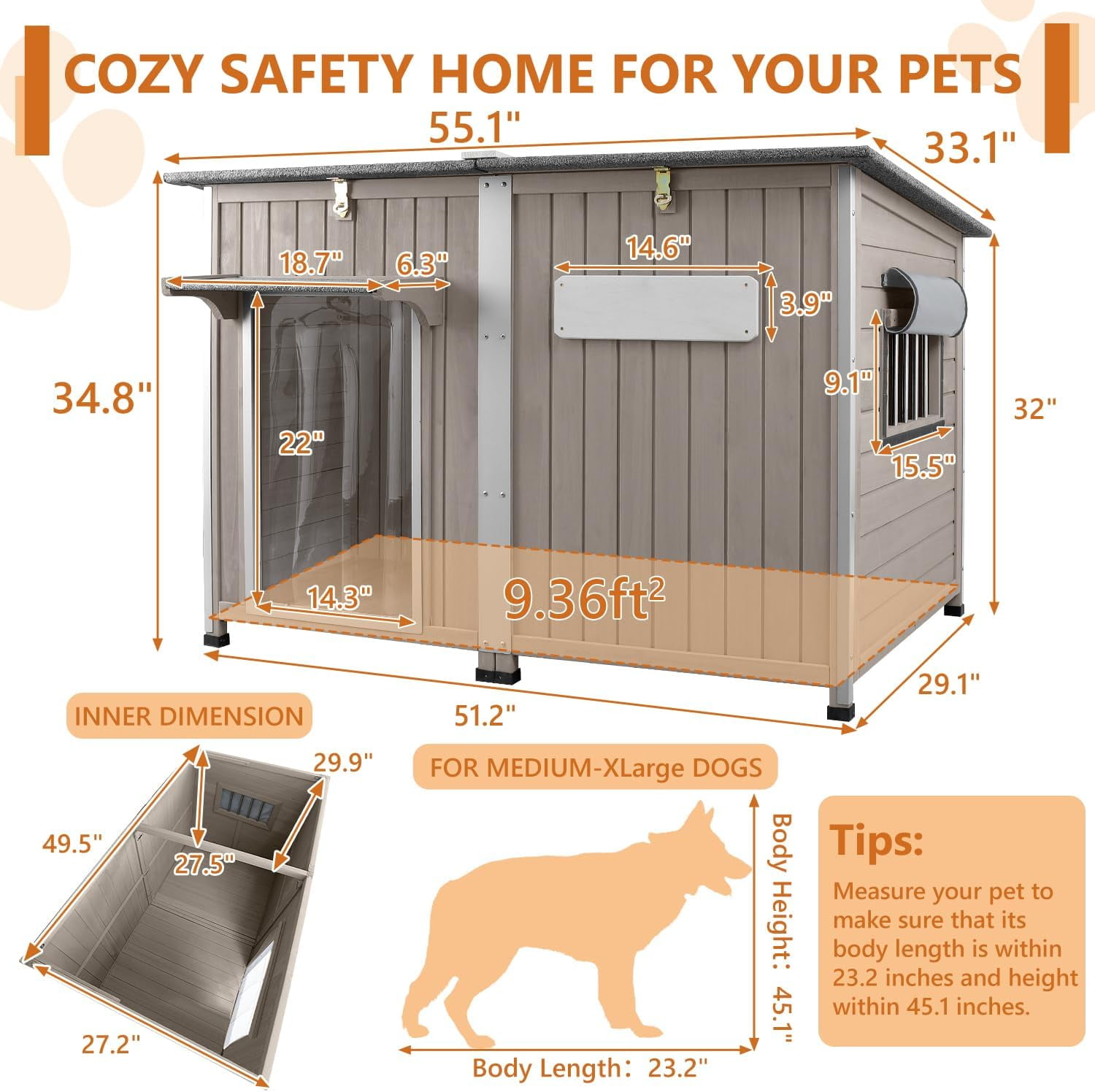 PETSCOSSET 55"L Outdoor Wooden Dog House with Weatherproof Asphalt Roof,  for Medium to Large Dogs