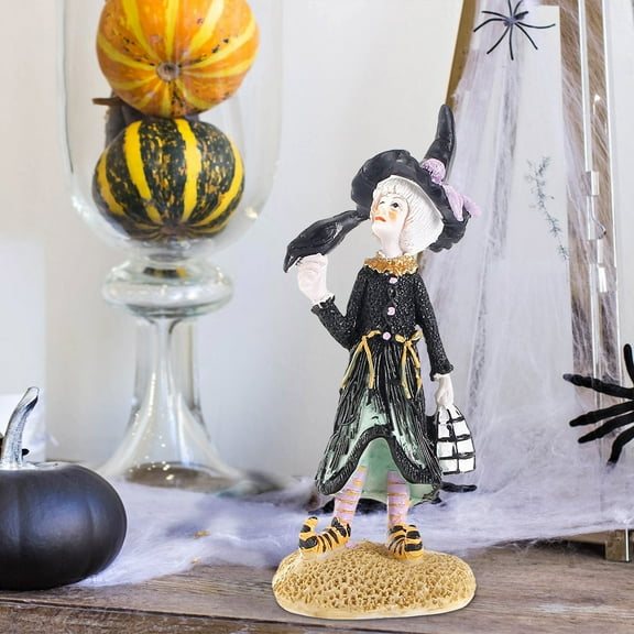 Halloween Decorations Witch Statue with Cauldron - Resin Figurine Desktop Ornament, Indoor Tabletop and Shelf Decor for Fall Parties, Home, Garden Display