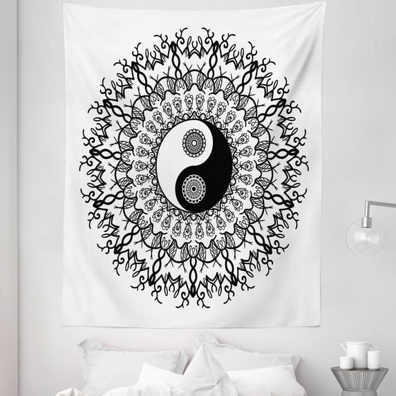 Japanese Tapestry, Vintage Yin Yang Mandala Pattern Oriental Bohemian Design, Fabric Wall Hanging Decor for Bedroom Living Room Dorm, 5 Sizes, Black White, by Ambesonne