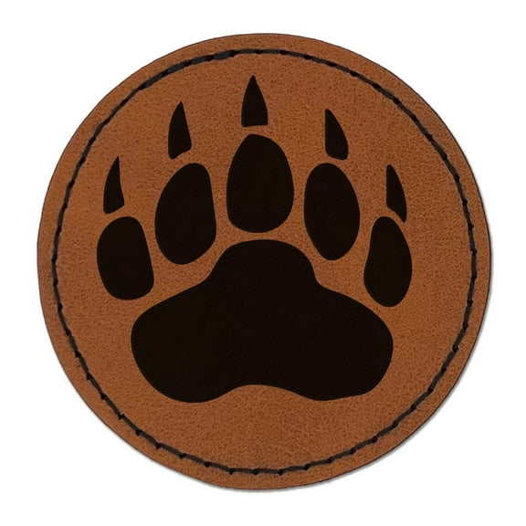 Grizzly Bear Claw Paw 2.5" Faux Leather Round Engraved Iron-On Patch - Brown