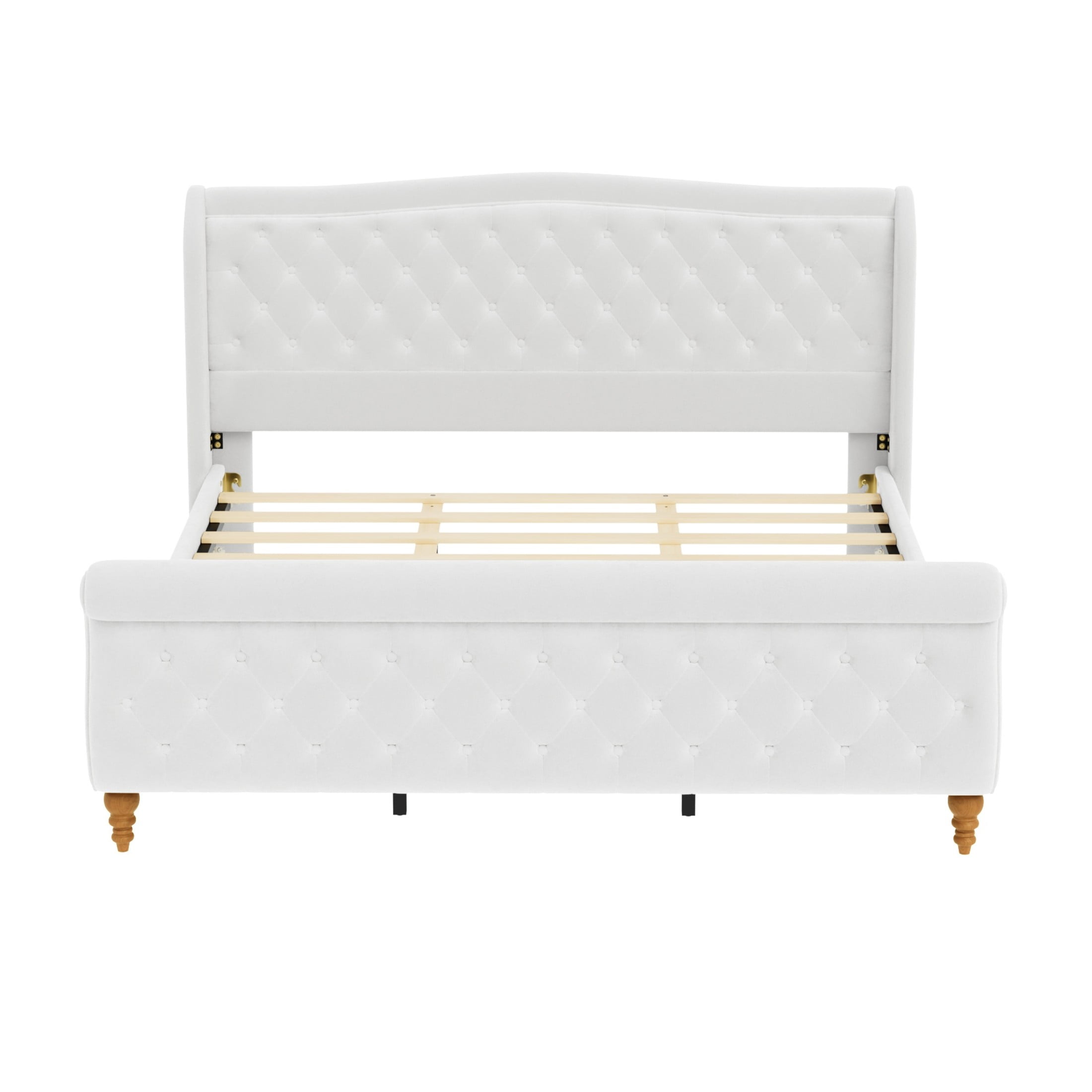 GDF Studio Orlan King Size Velvet Upholstered Sleigh Platform Bed Frame with Wood Slat Support, Modern Design, Beige