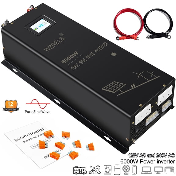WZRELB 6000W Split Phase Pure Sine Wave Inverter, 24V DC to 120V/240V AC, 4 AC Outlets, Hardwire Terminal, High Efficiency up to 91.6%