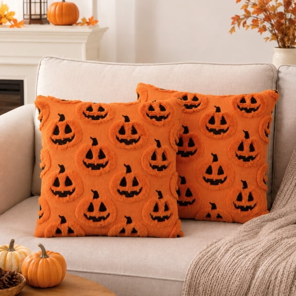 Halloween Pumpkin Pillow Covers, Orange Plush Jack-O'-Lantern, 18 x 18 in, Set of 2