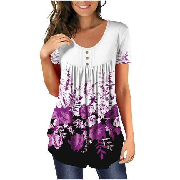 Moda Mujer Causal Rounk Cuello Impresión Blusa Manga Corta Camiseta Verano Tops Fridja bn5482