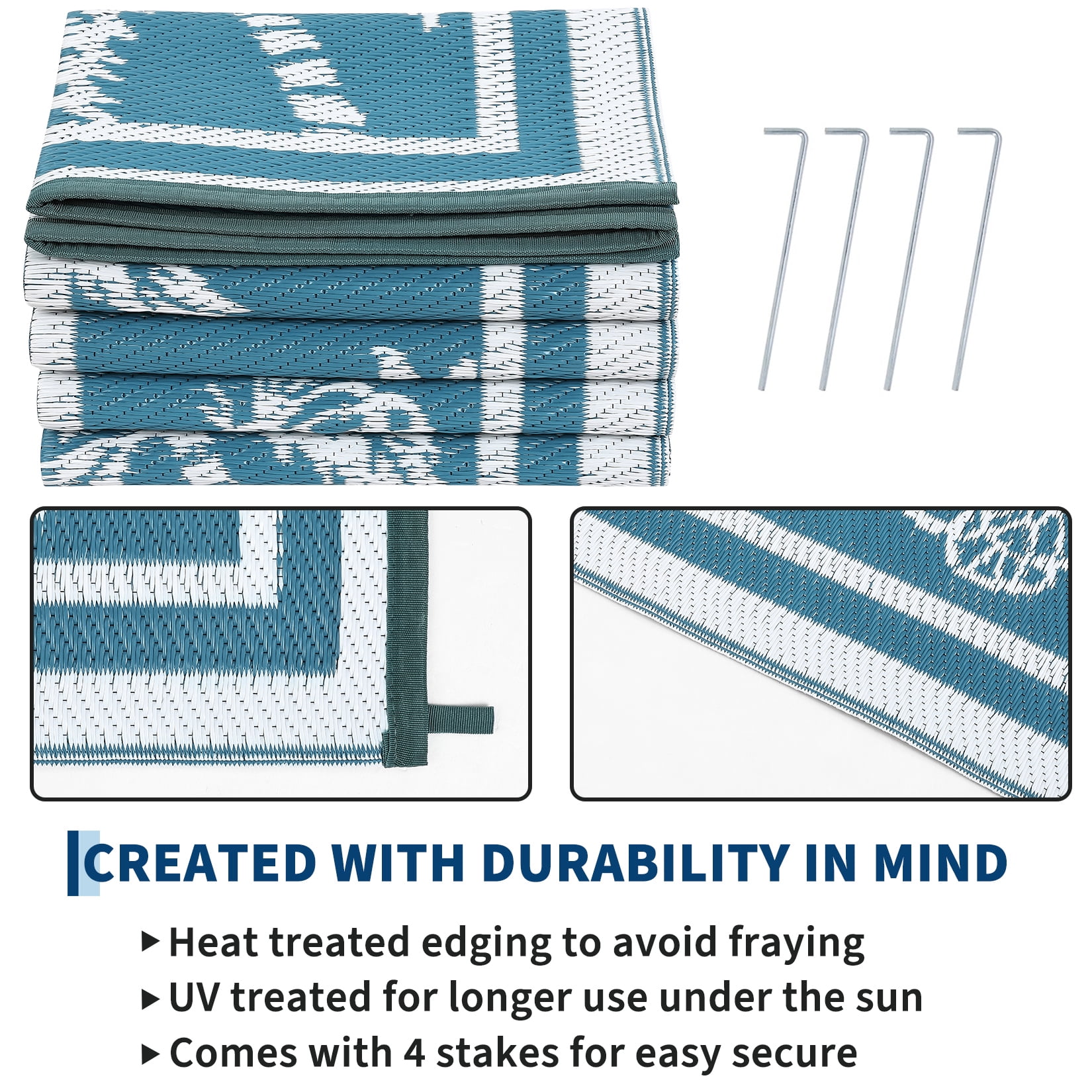 HIWEAVER Gray/Blue 8'x 10' Outdoor Rug Garden Decor Floral Bordered Carpet Plastic Straw Waterproof Reversible Patio Area Rug for Balcony Deck Picnic Portable Camping Mat