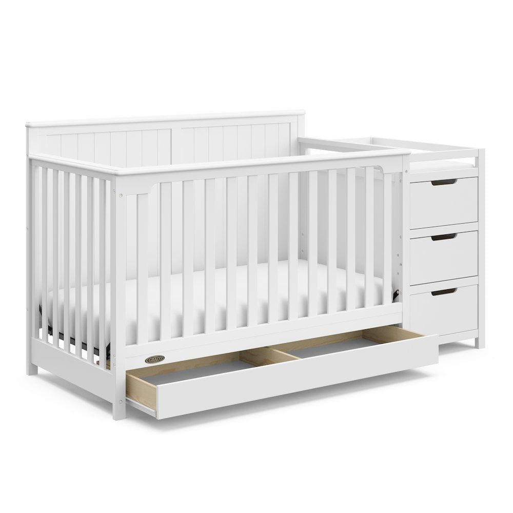 Graco Hadley 5-in-1 Convertible Crib and Changer and Premium Crib & Toddler Mattress Bundle, White