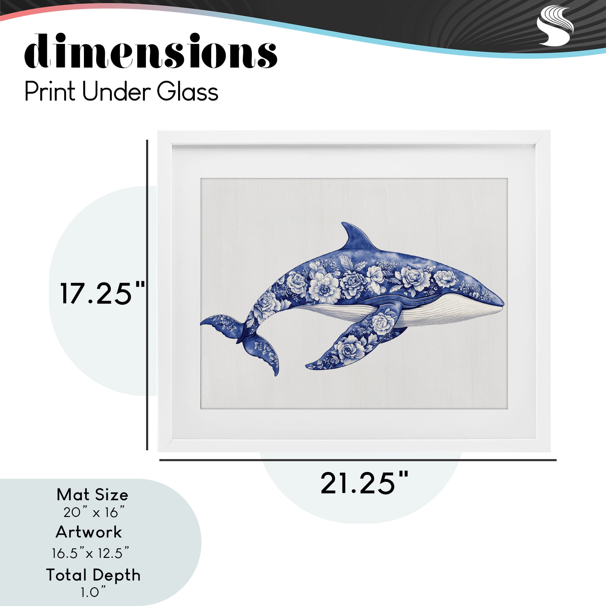 Floral Toile Whale White Framed Print Under Glass, design by Lettered and Lined