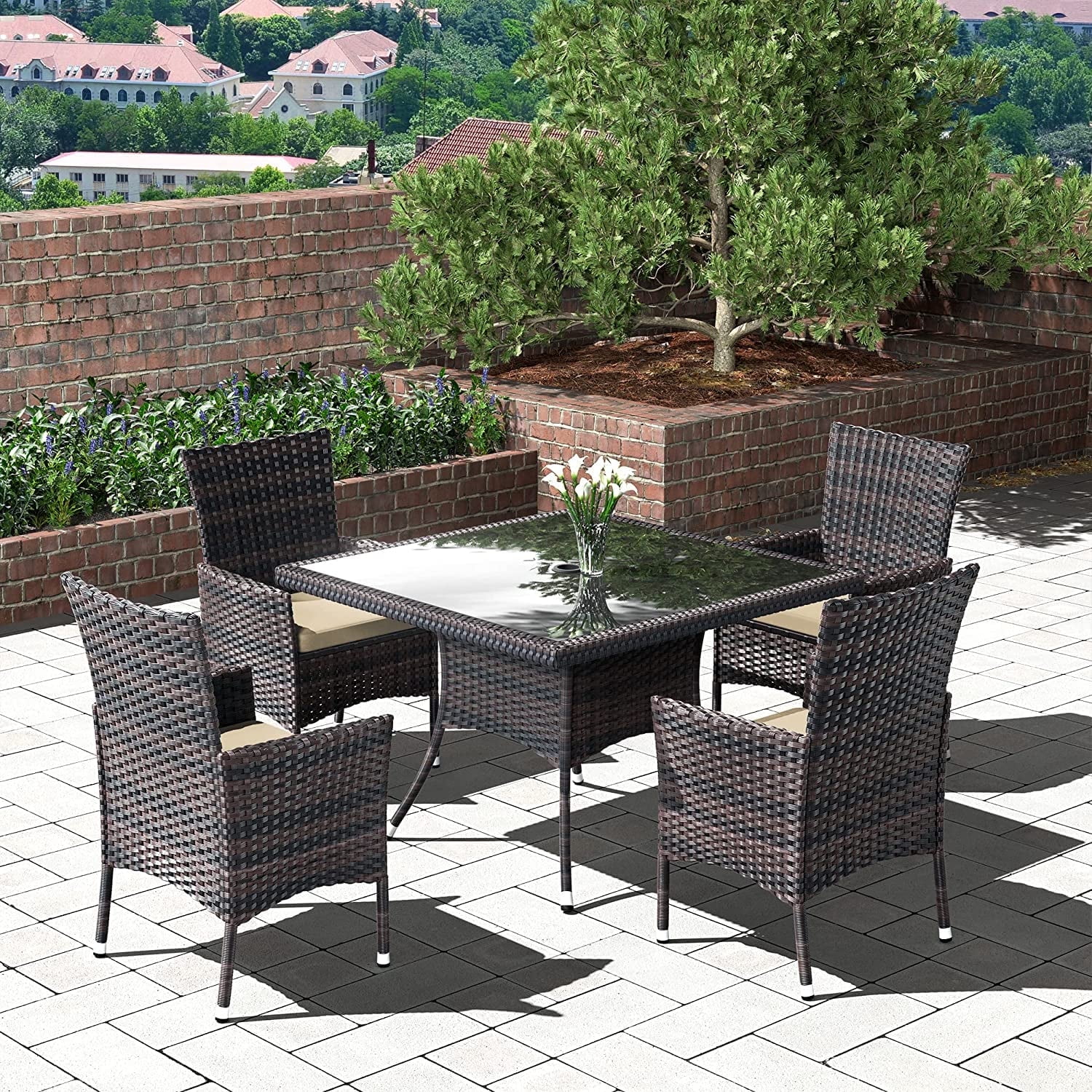 ALAULM 5 Pieces Patio Dining Set Outdoor Rattan Furniture with Square Glass Tabletop 4 Chairs with Cushions for Patio, Backyard Outdoor Kitchen Lawn & Garden Sand