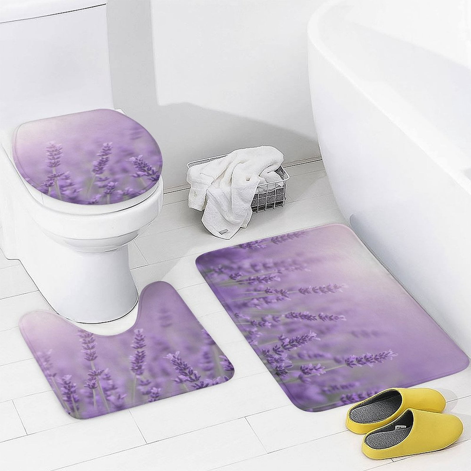 Lavender Field Bloom Shower Curtain Set Modern Bathroom Decor Mats 4pcs Fabric Bathroom Curtain Slip Floor Rug Toilet Lid