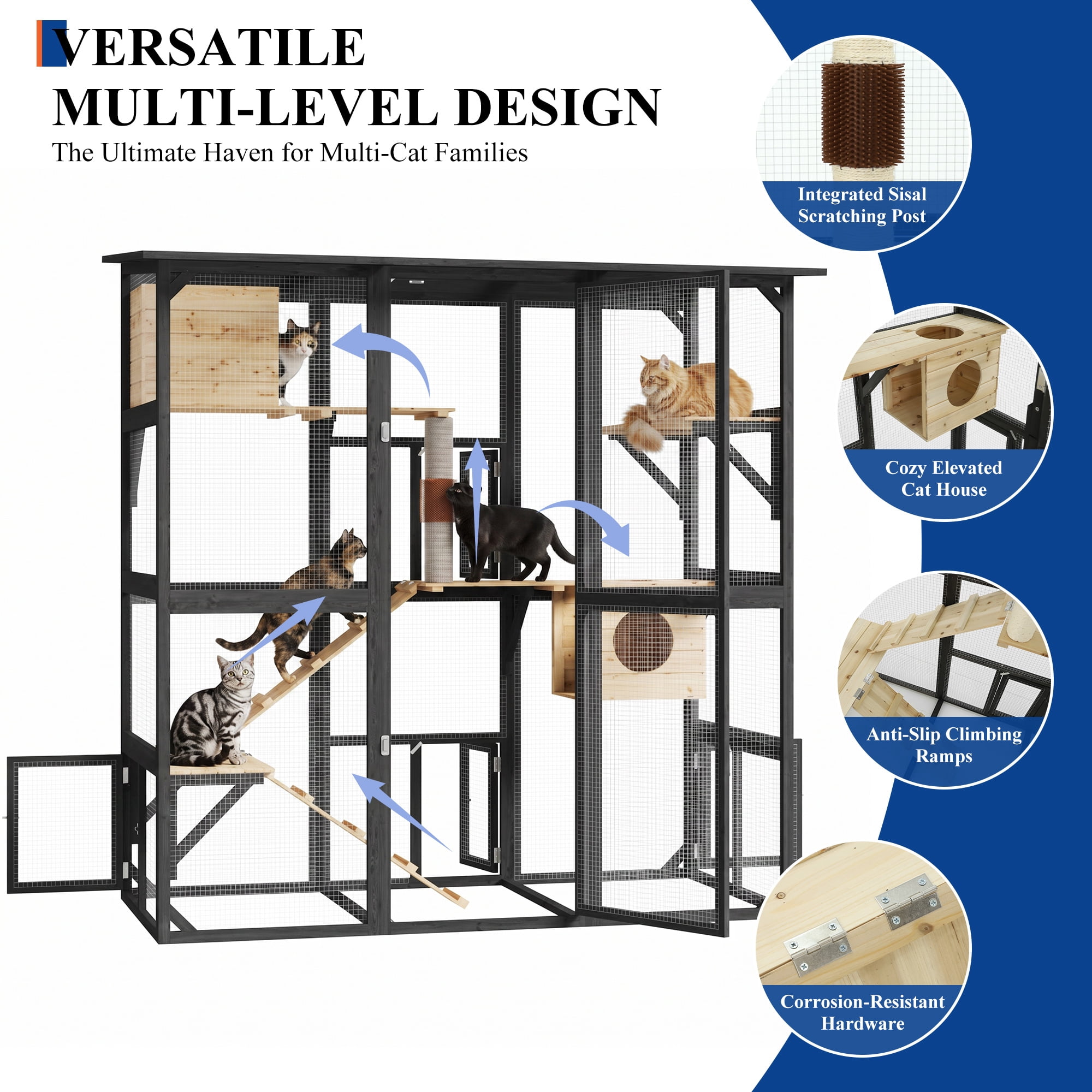ANPOO 71''Luxury Walk-In Outdoor Catio, Large Wooden Cat Enclosure with Sloped Weatherproof Roof, Multi-Level Cat House with Cat Condo, Sisal Post & Ramps, Escape-Proof Cat Cage for Multiple Cats