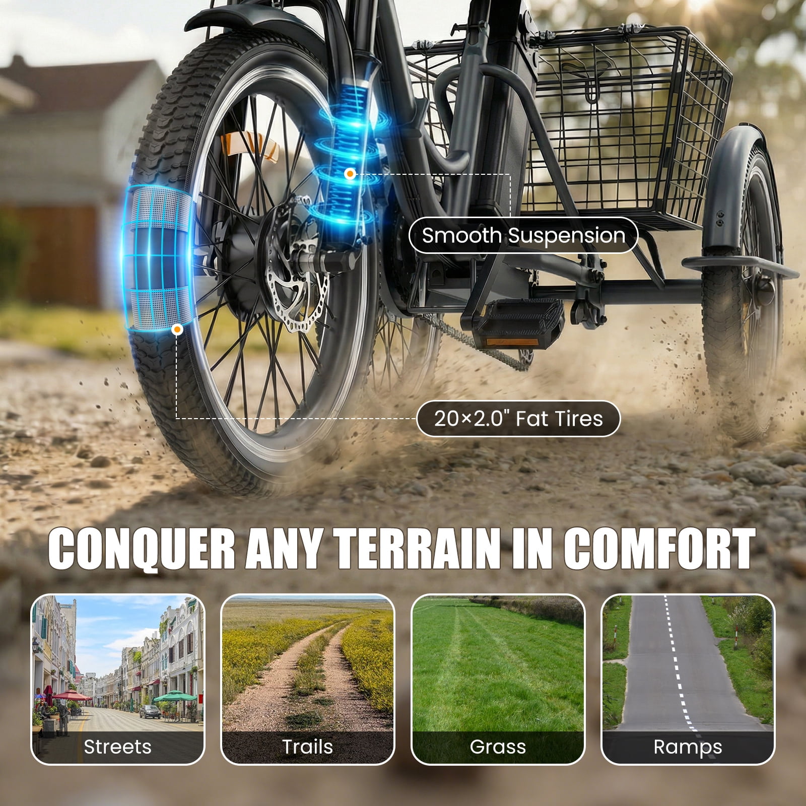 Flycity Electric Tricycle for Adults, Peak 1200W Electric Trike with 48V 15Ah Removable lithium battery, 20" 7 Speeds 3 Wheels Electric Bikes, Black