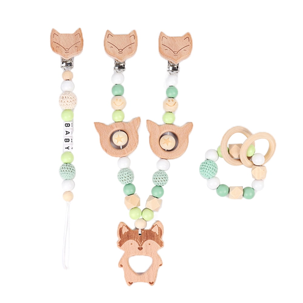 Silicone Fox Teether teething toy Dummy Clip silicone dummy Wooden Teether 