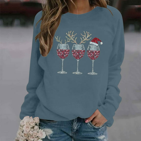 HOMBOM Sweatshirts for Women Holiday Fleece Crewneck Merry Christmas Wine Glasses Blue No Hood Adults Sweatshirt Xmas