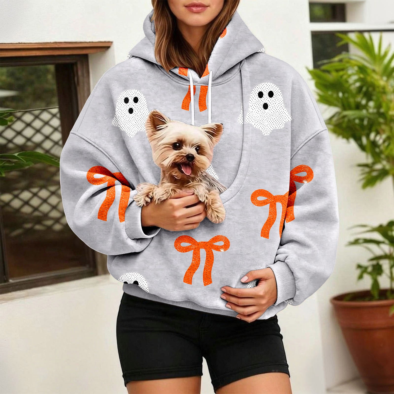 Angala Halloween Womens Pet Pocket Hoodie Hooded Sweatshirt Winter Oversized Pullover for Ladies Everyday Wear