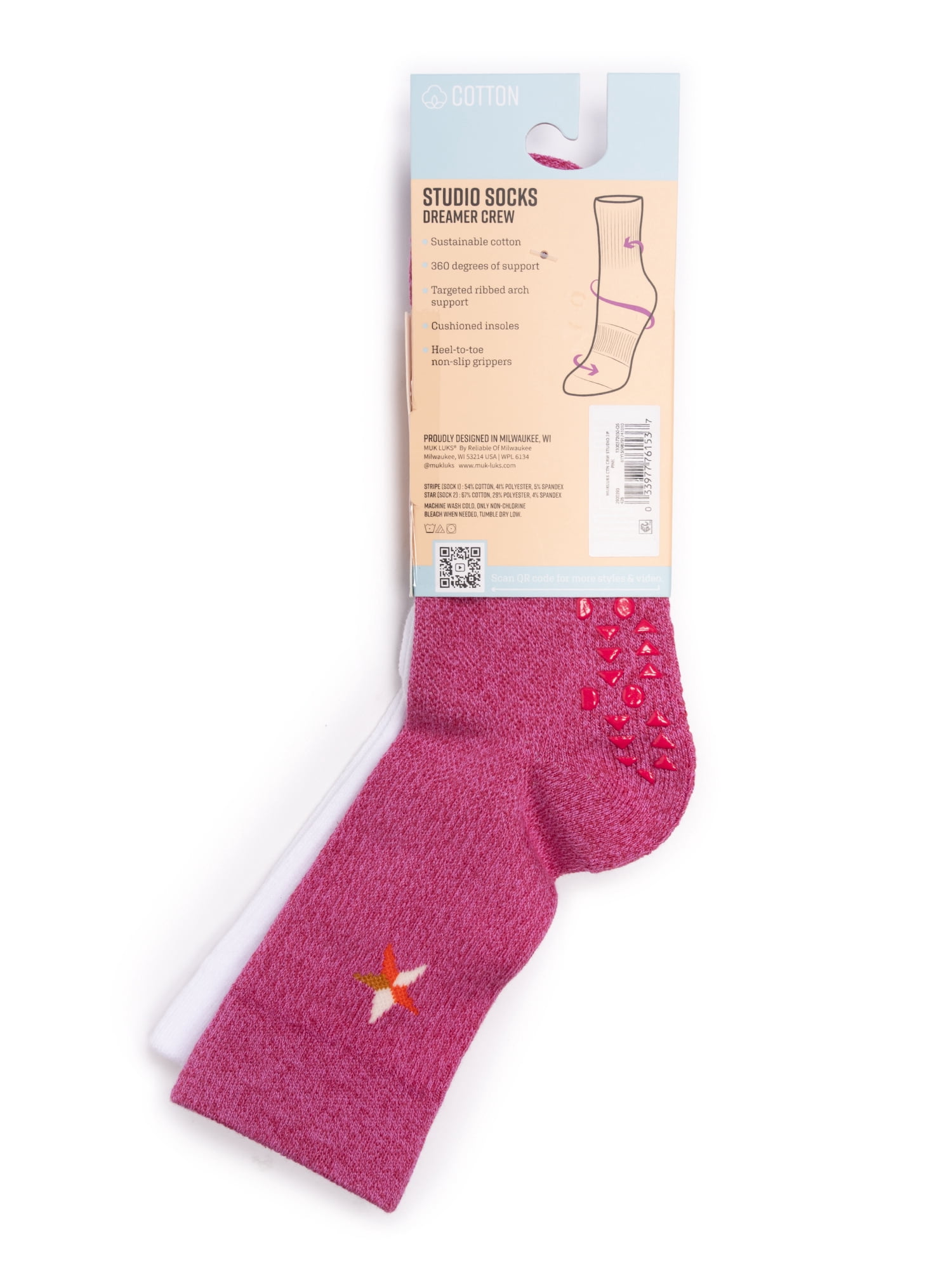 MUK LUKS Women's Pilates Cotton Crew Socks, 2-Pack, Shoe Sizes 6-10