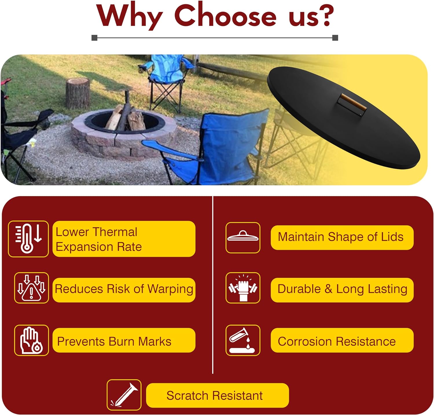 Firepit Snuffer Lid - Carbon Steel 31 Inch Fire Pit Lid with Powder Coating & Ergonomic Wooden Handle - Fit for Fire Pit Size up to 29 Inch - Reliable Use as Garden Decor Fire Pit Accessories