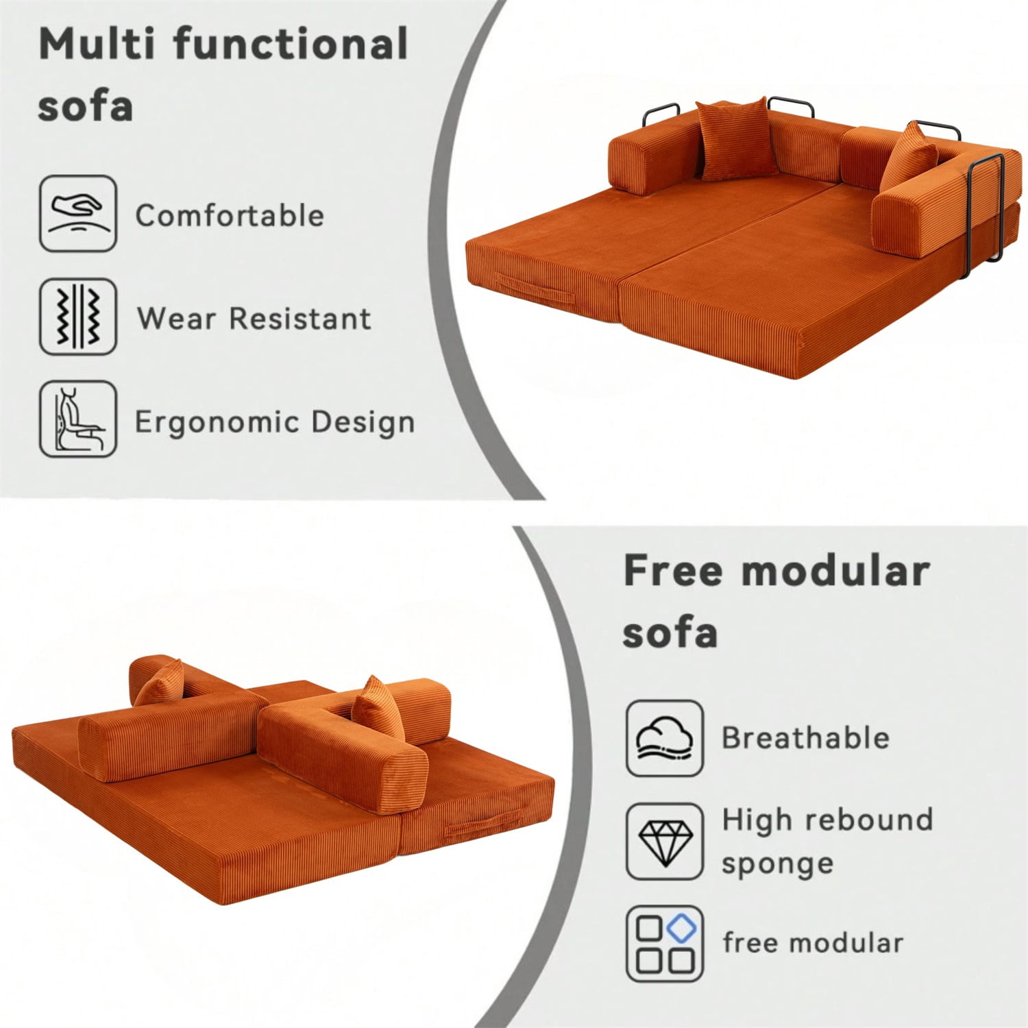 Hommoo Versatile Corduroy Fabric Full Foam Modular Compressed Sofa Couch Bed Sleeper with Multiple Layout Options, Orange