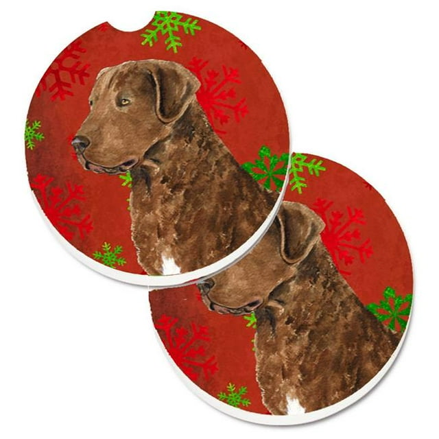 Carolines Treasures SS4738CARC Chesapeake Bay Retriever Flocons de Neige Rouges Ensemble de Noël de 2 Porte-Gobelets sous-Verre de Voiture
