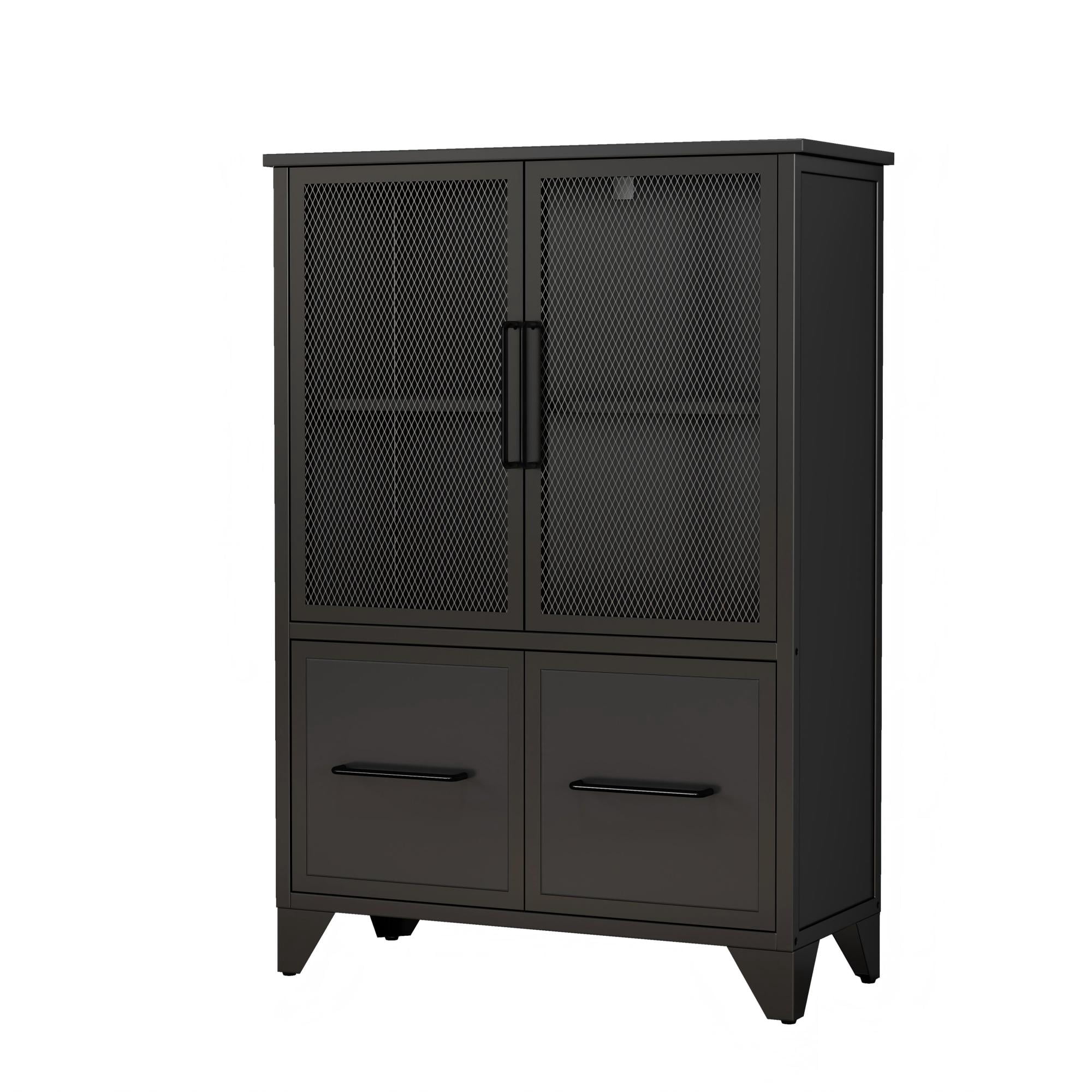 Storage Cabinet,3-Tier Farmhouse Kitchen Sideboard With Adjustable Shelf & 4 Iron Doors for Living Room,Kitchen,Black