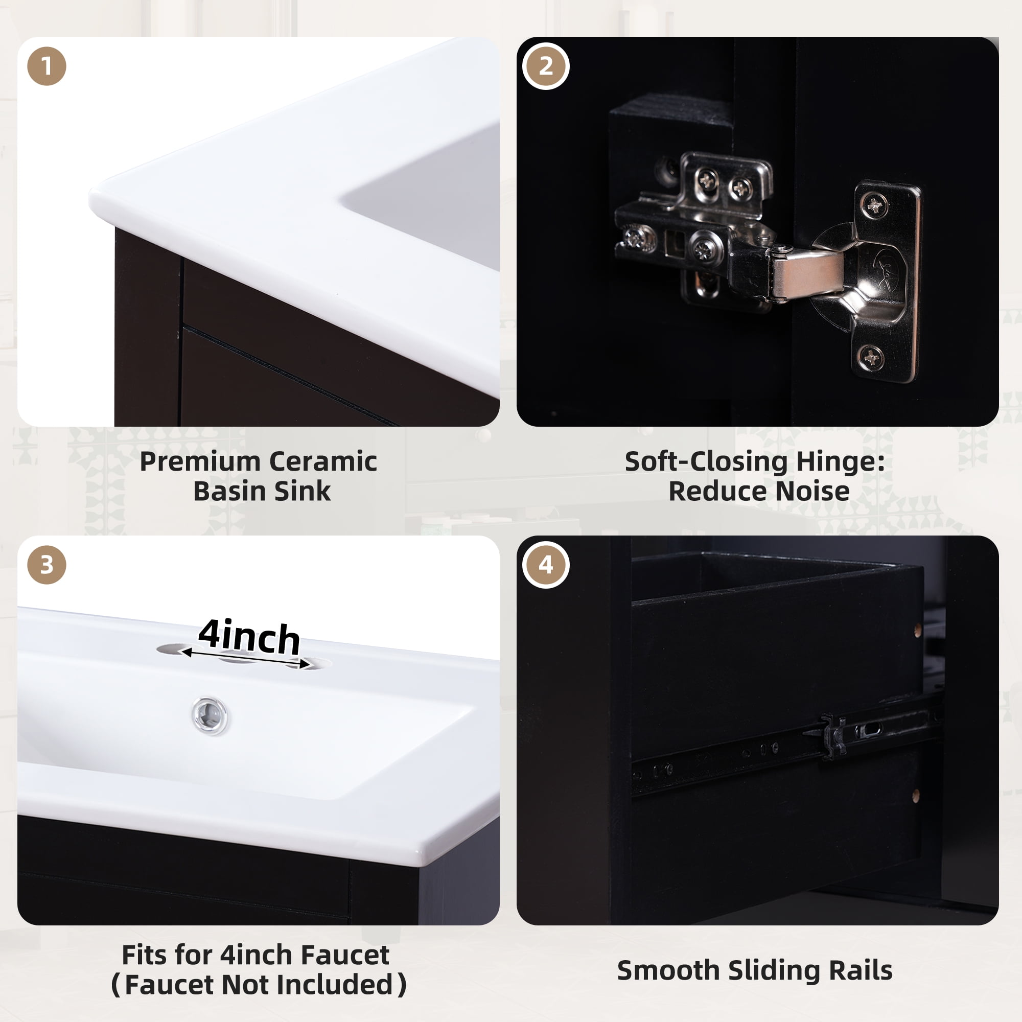 Harper & Bright Designs 24" Small Bathroom Vanity Set, Modern Bathroom Cabinet Freestanding with Drawers, Single Sink Bathroom Vanity, Black