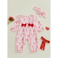 thumbnail image 3 of Newborn Baby Girl Valentines Day Outfit Bow Heart Ruffle Cotton Linen Jumpsuit  Long Sleeve Romper Playsuit with Headband, 3 of 8