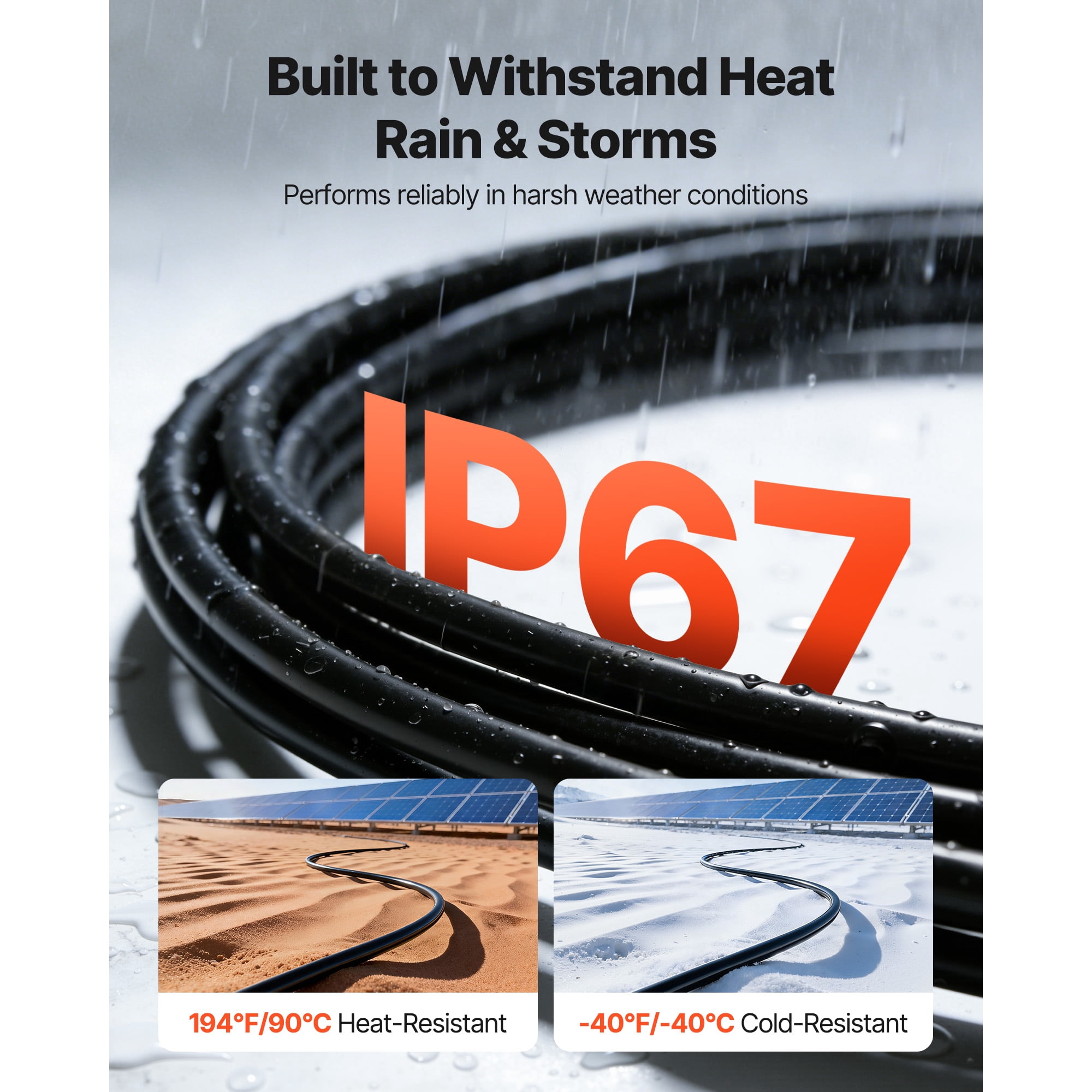 KFFKFF 65ft Solar Panel Extension Cable, 65 ft Black and 65 ft Red, 10 AWG (6 mm²), Male and Female Connectors, IP67 Waterproof Tinned Copper Cable for Photovoltaic Systems