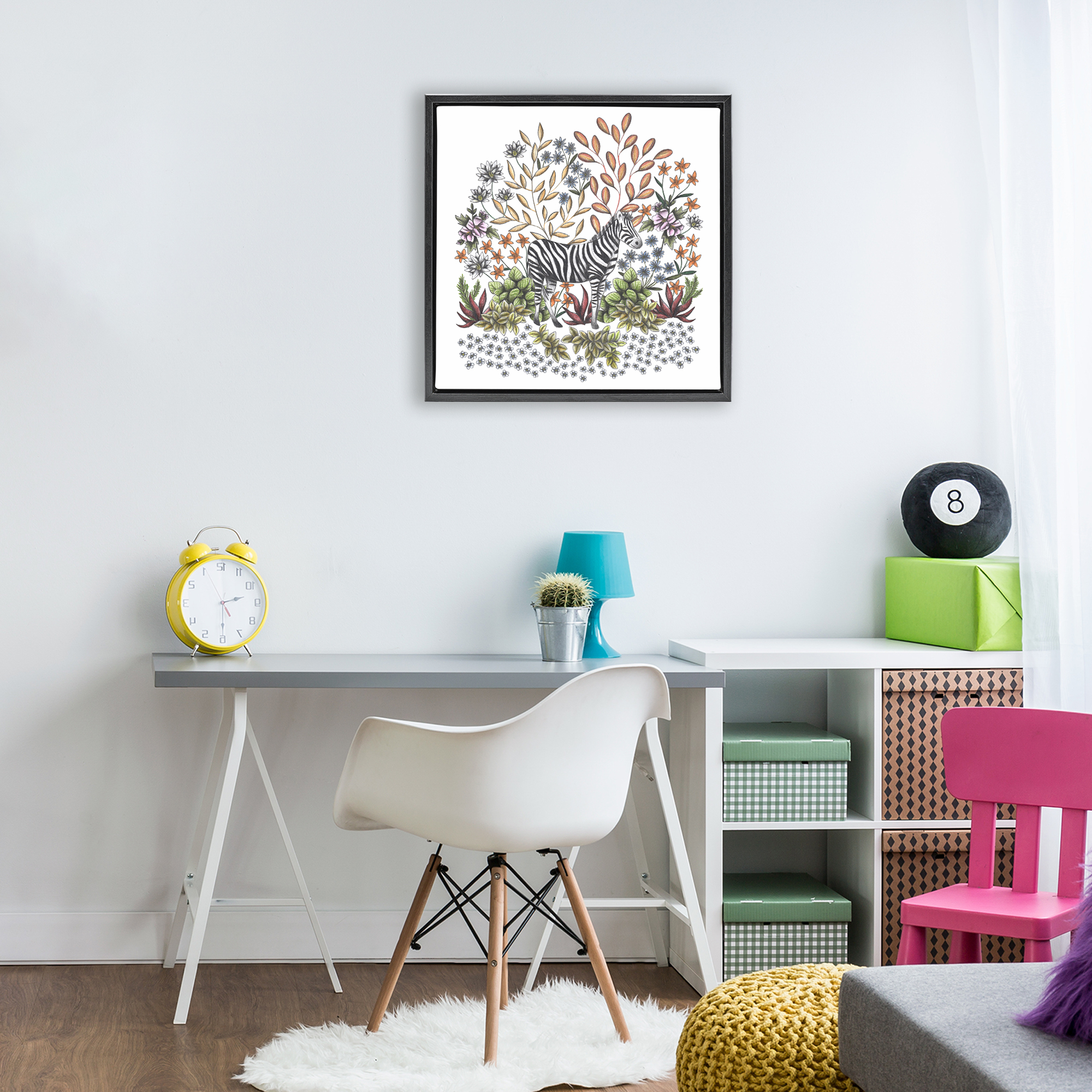 Jungle Wildlife Zebra Black Framed Floater Canvas Wall Art, design by Cecilia Battaini