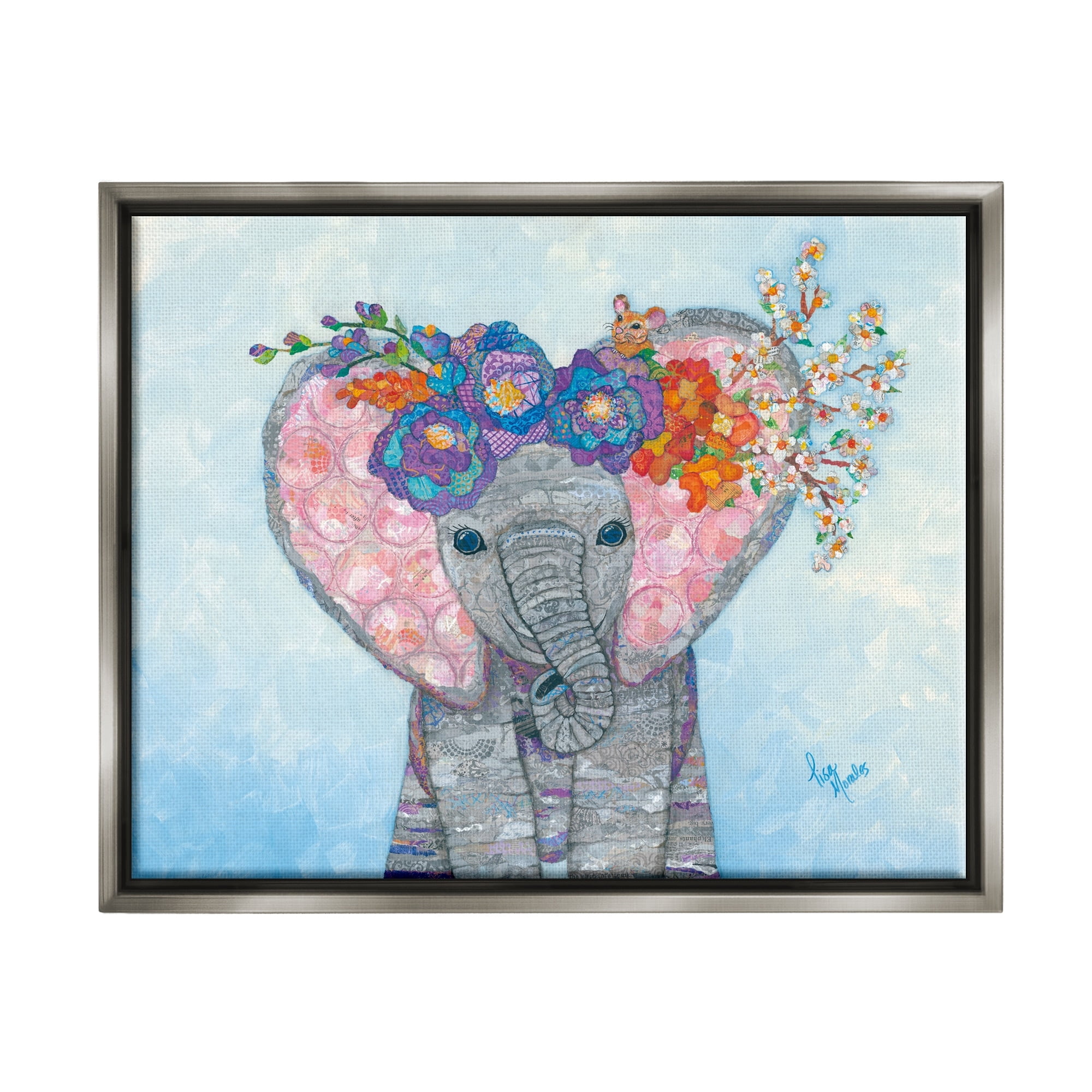 Stupell Industries Baby Elephant & Mouse Decorated Flower Blossoms Collage Painting Luster Gray Floating Framed Canvas Print Wall Art, Design by Lisa Morales