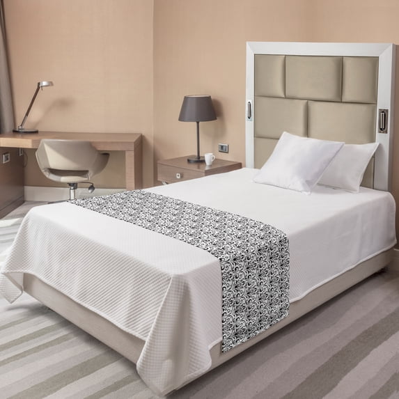 Acanthus Bed Runner, Baroque Inspired Monochromatic Design Continuous Pattern of Curly Motif, Decorative Accent Bedding Scarf for Hotels Homes and Guestrooms, Twin, Charcoal Grey White, by Ambesonne