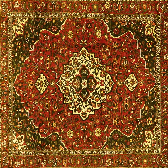 Ahgly Company Machine Washable Indoor Square Medallion Yellow Traditional Area Rugs, 5' Square