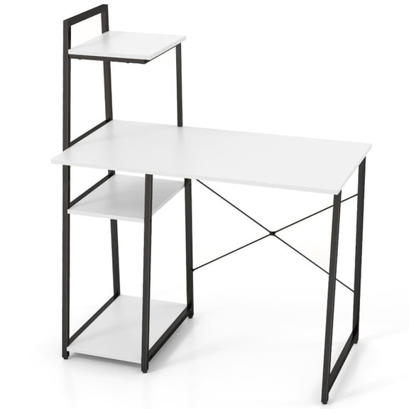 Furnibear Compact Computer Desk Workstation with 4 Tier Shelves for Home and Office Study Writing Desk with Storage, White