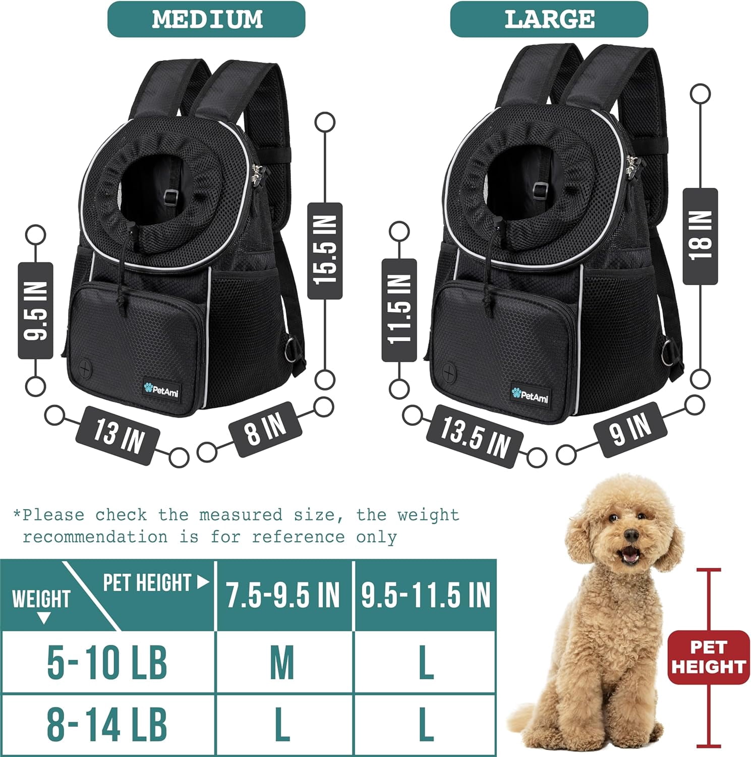 Adjustable Dog & Cat Chest Carrier Backpack, Ventilated for Hiking, Camping & Travel, Max 10 lbs, Black