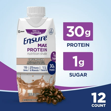 Ensure Max Protein Nutrition Shake with 30g of protein, 1g of Sugar, High Protein Shake, Cafe Mocha, 11 fl oz, 12