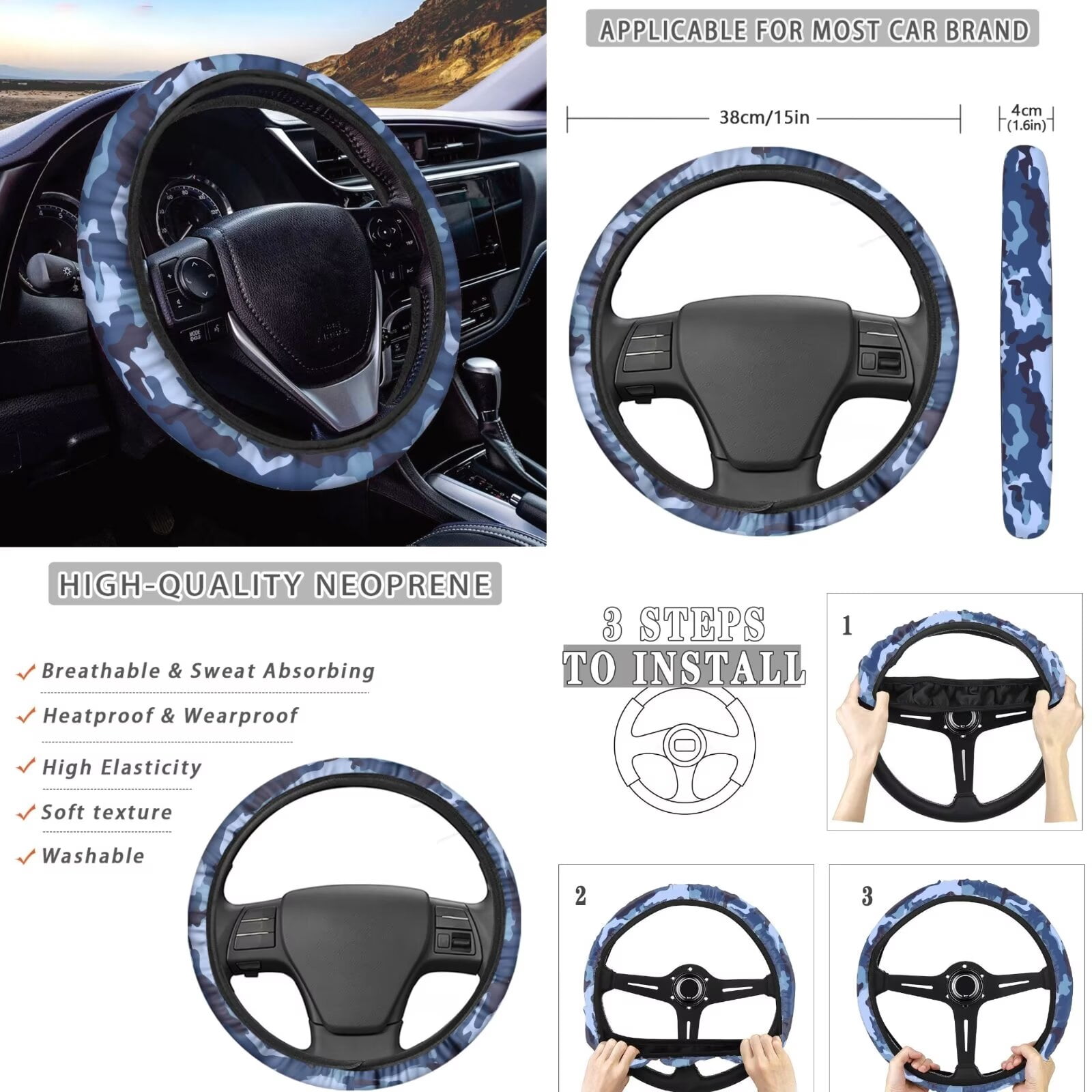 FKELYI Camo Blue Print Car Seat Covers with Steering Wheel Cover Seatbelt Pads Cover Cup Coaster Armrest Pads Hearest Cover Anti-Slip Gear Shift Knob Sleeve, 16 Pcs Car Interior Set