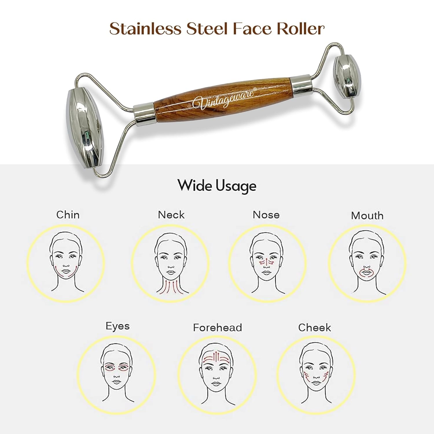 Vintageware® Stainless Steel Roller for Face-Natural Steel Gua Sha Massage Tool Massage Scraping Tool Muscle Pain Relief, Stress Release and Breaking Tissue (Face Roller With Heart Shape Gua sha)
