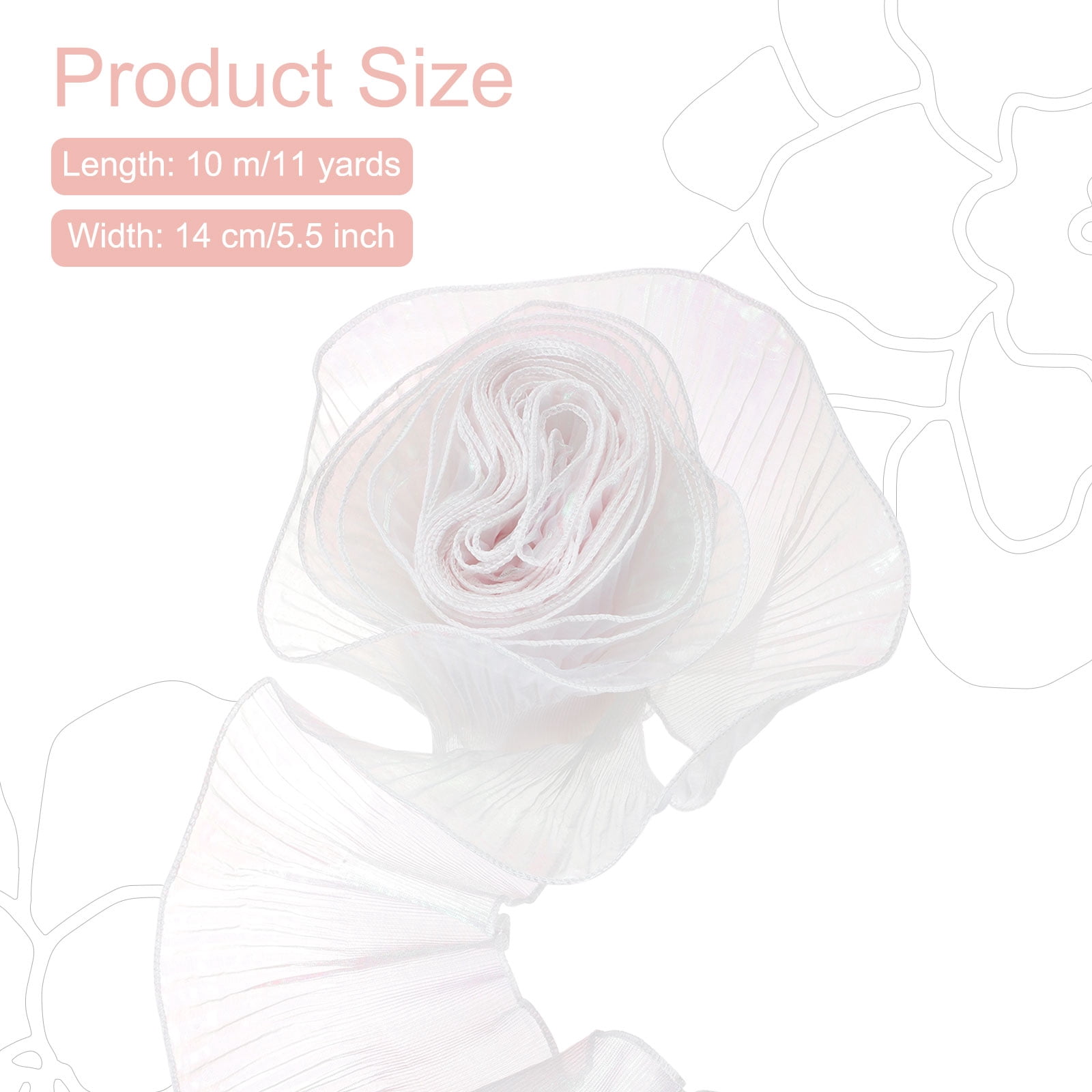 5.5" x 11 Yards Ruffle Pleated Organza Trim Iridescent Pleated Lace Trim Ribbon for DIY Craft Dress Clothing Wedding Gift Home Decoration, White