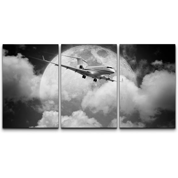 wall26 - 3 Piece Canvas Wall Art - Small Private Jet Aircraft in a Night Sky. Monochrome, Square Composition. - Modern Home Art Stretched and Framed Ready to Hang - 16"x24"x3 Panels