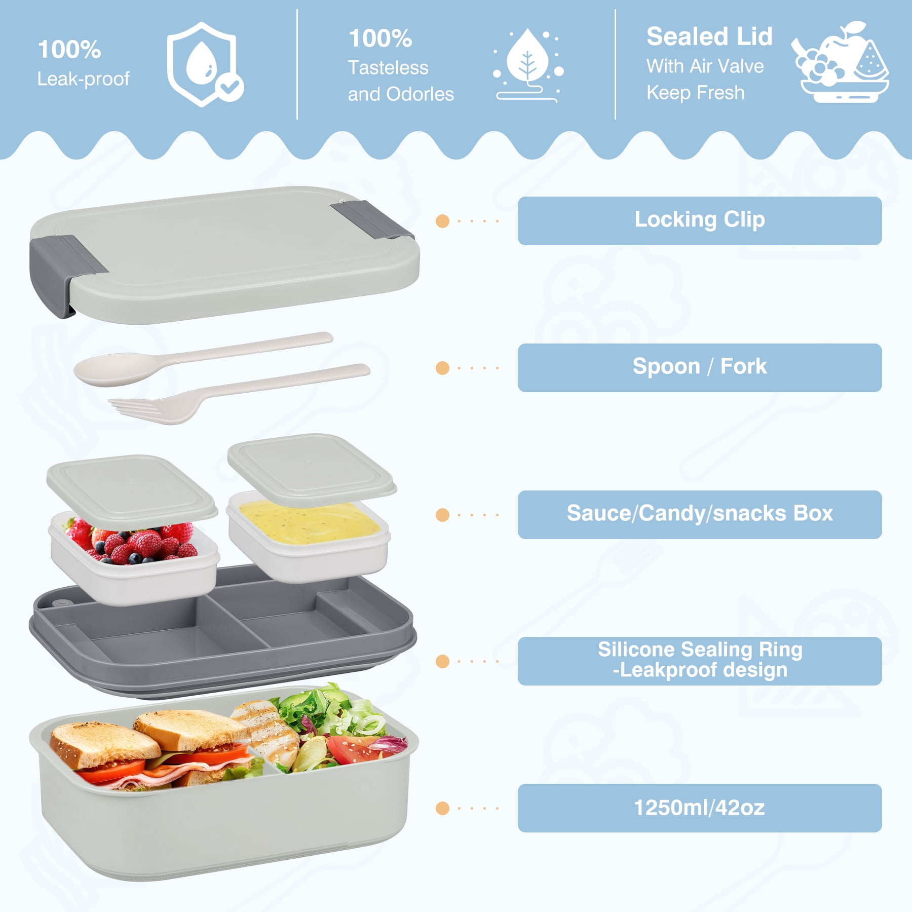 Bento Lunch Box Set with 10.5oz Soup Thermo for Adults Kids, Leak-proof Food Jar Lunch Container with 4 Compartment, Stainless Steel Coffee Tumbler with Lunch Bag for School Travel Office Grey